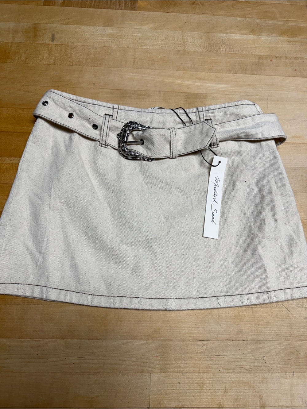 Mustard Seed Cream Mini Skirt with Decorative Western Buckle Belt